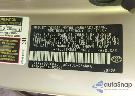 2008 Toyota Camry Le from USA, damaged, VIN 4T4BE46K58R031602